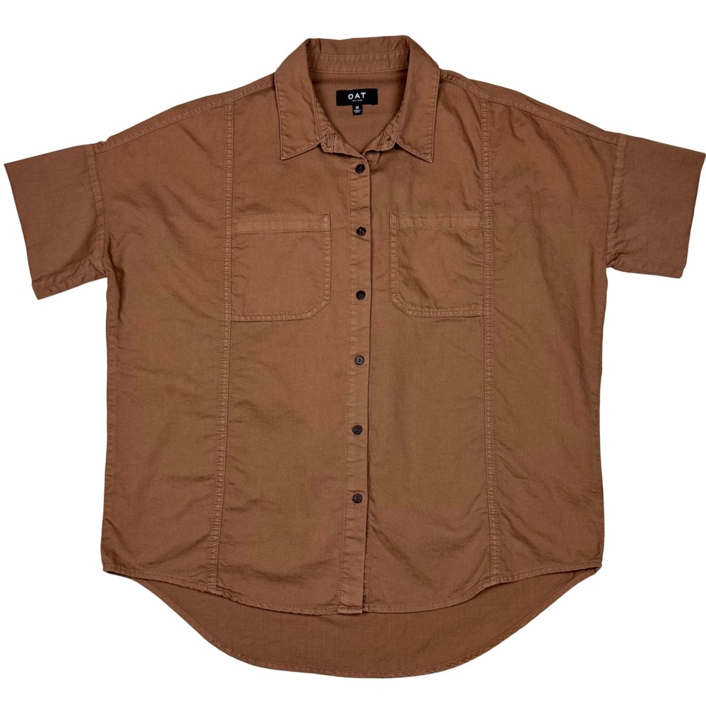 OAT New York Short Sleeve Button Front Oversized Shirt Women M Brown Minimalist